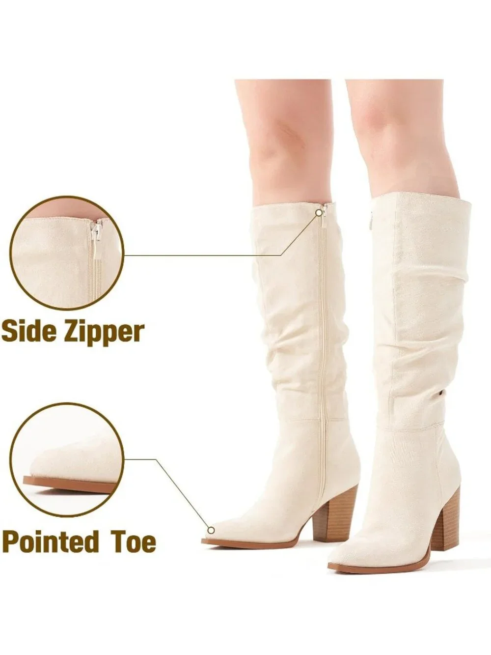 Women's Beige Knee High  Faux Suede Pointed Toe Slouch Boots with Chunky Heel